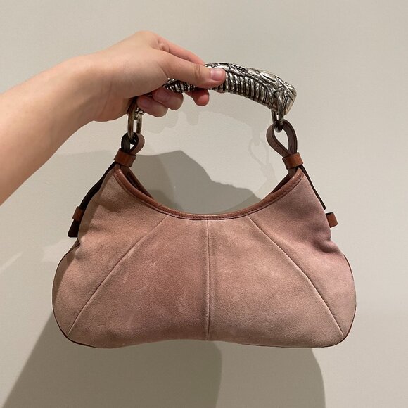 PREOWNED YSL PINK SUEDE AND LEATHER MINI MOMBASA HORN HOBO - Picture 1 of 8